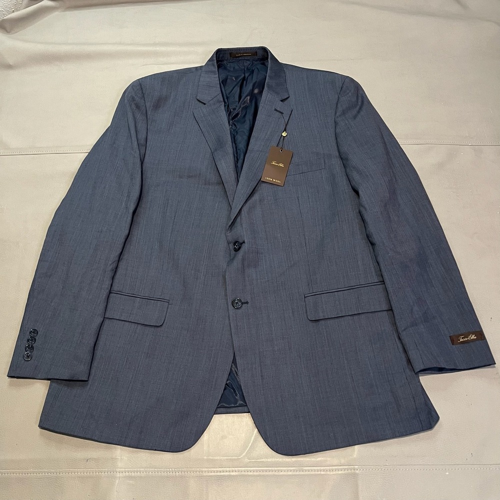 New Tasso Elba Men Blue 100% Pure Wool Window Pane Suit Jacket Blaze-48 Long4314